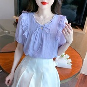 紫色雪纺衬衫女夏季v领泡泡，袖宽松短袖上衣薄款时尚百搭衬衣