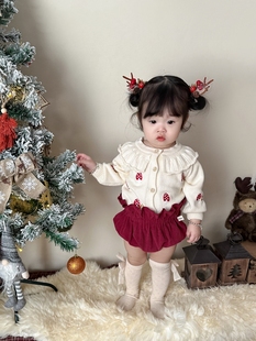 韩系春装婴童绣花荷叶，领毛衣女童宝宝百搭刺绣，香菇针织开衫外套