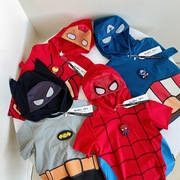 男童蜘蛛侠短袖t恤夏季帅气英雄儿童漫威连帽，上衣面罩造型闪灯衣