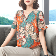 韩国中年妈妈雪纺衫短袖女夏季2024时尚，气质宽松显瘦遮肚上衣