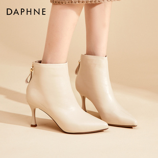 达芙妮法式小短靴女2023秋冬加绒细跟气质尖头，高跟白色及踝靴