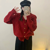 法式新年红色连帽麻花毛衣外套女2024春秋季短款海军领针织开衫女