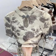 中式改良旗袍上衣女夏季2023复古时尚水墨印花短袖T恤女短款