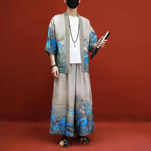 中国风套装男夏季薄款宽松居士服开衫道袍潮牌复古唐装汉服两件套