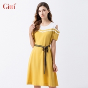 Gitti/吉蒂夏季时尚束腰露肩中裙拼接撞色圆领连衣裙女G202073