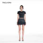 taglioni鸵鸟毛毛下摆拼接半裙时尚半身裙黑色，包臀牛仔超短裙女