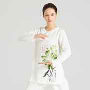  女士中国风手绘练功太极服亚麻盘扣长袖瑜伽服白色运动套装