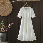 夏季女装甜美圆领短袖系带收腰白色连衣裙文艺清纯百搭蕾丝长裙女