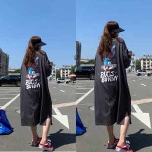 韩国2024夏季灰色oversize大码洋气长款T恤式宽松连衣裙