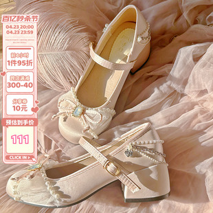 pinkyo原创法式玛丽珍鞋，甜美仙女蝴蝶结浅口单鞋，女圆头粗跟高跟鞋