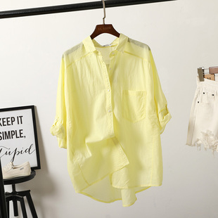 淡淡的柠檬黄薄款棉麻，衬衫女五分袖宽松袖子，可挽起韩版防晒衣