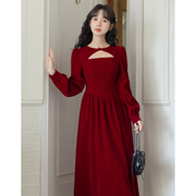 红色连衣裙女秋冬长袖订婚敬酒服小香风气质法式高级感礼服长裙子