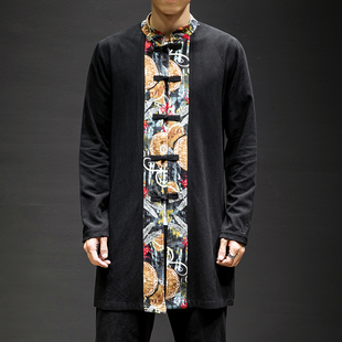 中国风男装中式立领长衫，春秋季棉麻居士服外套民族风印花长袖衬