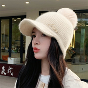 冬季兔毛棒球帽加绒加厚防寒帽子女韩版简约百搭针织毛线帽
