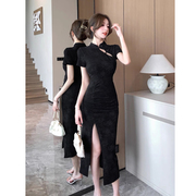 黑色连衣裙女短袖夏季薄款2024新中式国风改良旗袍开叉包臀裙