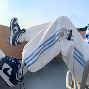 华夫格裤子男春季白色休闲裤，高街ins潮设计感垂感条纹运动裤