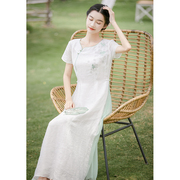 山有色夏季女白色修身显瘦优雅中国风绣花短袖丝麻绣花连衣裙