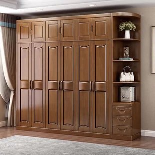 中式实木整体衣柜组合三四五六门木质收纳拼接组装出租房卧室家具