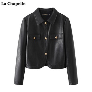 拉夏贝尔/La Chapelle黑色PU皮夹克外套女2024春季高级感皮衣
