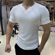 运动短袖T恤男士质感条纹纯色V领紧身衣弹力跑步健身服修身打底衫