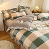 多尺寸韩式花边条纹格子四件套，纯色床裙磨毛加厚床单被套床上用品