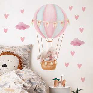 儿童房自粘兔子墙贴公主，卧室装饰自粘贴画可爱花丛热气球墙贴纸