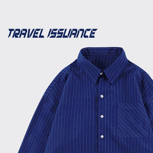 travelissuance取消了置顶潮ins显白克莱因，蓝条纹宽松长袖衬衫