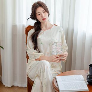 新中式国风优雅睡衣女人造棉，稠长袖空调房春秋，夏季绵绸家居服套装