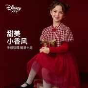 迪士尼女童国风旗袍领长袖连衣裙，初春新年装拜年服红色裙子假两件