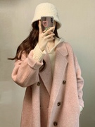 高级感粉色小个子呢子大衣，2022秋冬装韩系赫本风毛呢外套女中长款