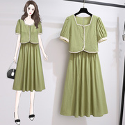 绿色小香风连衣裙女夏季2023年夏装高级感小个子两件套装裙子