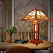 中式玻璃木质台灯客厅装饰灯，高档中国风复古卧室床头灯办公桌台灯