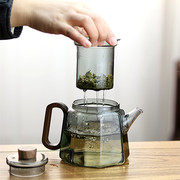 透黑耐热玻璃泡茶壶八角方形，冲茶器木，把500ml花茶壶功夫茶具单壶