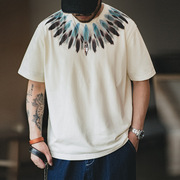 马登工装 美式复古260g印第安羽毛印花短袖做旧宽松民族风T恤男夏
