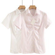 条纹衬衫女夏季纯棉，修身v领翻领，褶皱职场短袖上衣上班族职业小衫