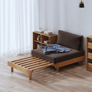实木沙发床橡木，现代简约抽拉小户型折叠榻榻米，1.2伸缩单人床1.3米
