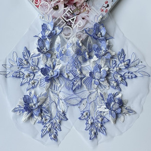粉蓝紫色立体花朵刺绣布贴网纱蕾丝钉珠补丁片婚纱旗袍衣服裙辅料
