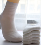5双装女士秋冬款双针纯棉，中筒袜白色加厚全棉运动袜吸汗防臭袜子