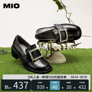 MIO米奥时尚气质方形钻扣豆豆鞋舒适增高时尚复古乐福鞋小皮鞋