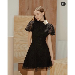 泰国设计师品牌，cpn泡泡袖，黑色蕾丝连衣裙