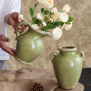 美式乡村古典陶瓷花瓶裂纹釉，把式花瓶暗绿色复古水培，花器鲜花花壶
