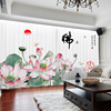 新中式水墨山水画禅意中国风，荷花图案窗帘，客厅装饰书房遮光卧室