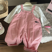 韩版童装2024春季女童粉色背带裤洋气宽松连体裤子+T恤两件套
