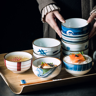 日式创意手绘陶瓷碗单个家用碗米饭碗吃饭小碗复古和风餐具甜品碗
