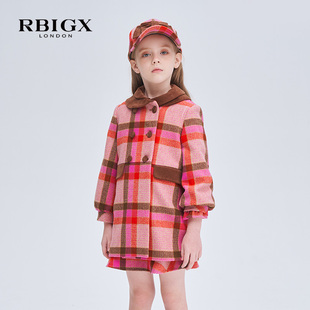 rbigx瑞比克童装冬季百搭提花格纹复古优雅设计感复古外套大衣