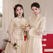 出租春秋季中式伴娘服唐装香槟色礼服姐妹裙中国风复古显瘦服