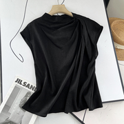 西班牙~肩部垂褶设计感气质斜领不规则短袖黑色亚麻上衣女夏T恤