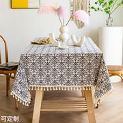 美式复古印花桌布蓝色青花瓷棉麻流台布新中式民宿餐厅装饰布