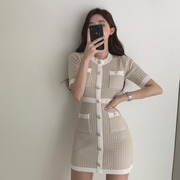 ppshd韩国chic复古气质配色，单排扣法式修身高腰针织连衣裙