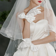 新娘结婚手套珍珠白，色结婚礼服缎面网红拍照道具，婚纱照蝴蝶结配饰